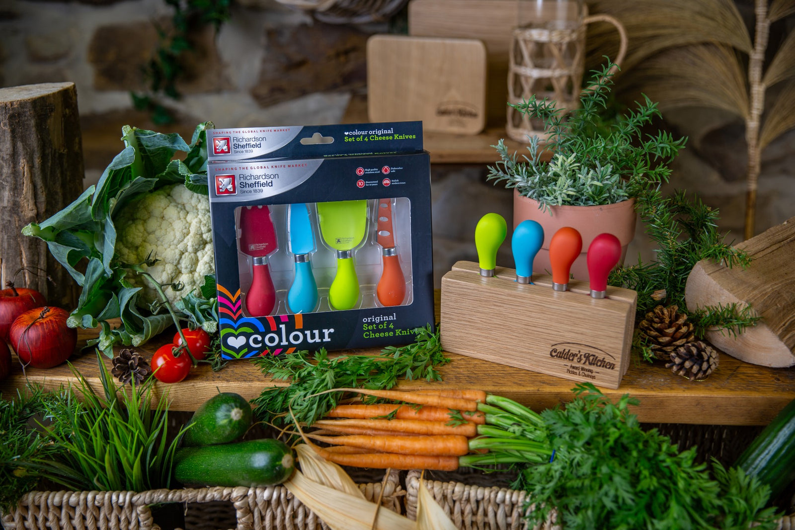 Multi Coloured Steel Cheese Knife Set & Branded Wooden Holder