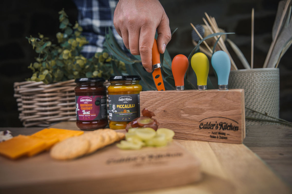 Multi Coloured Steel Cheese Knife Set &amp; Branded Wooden Holder